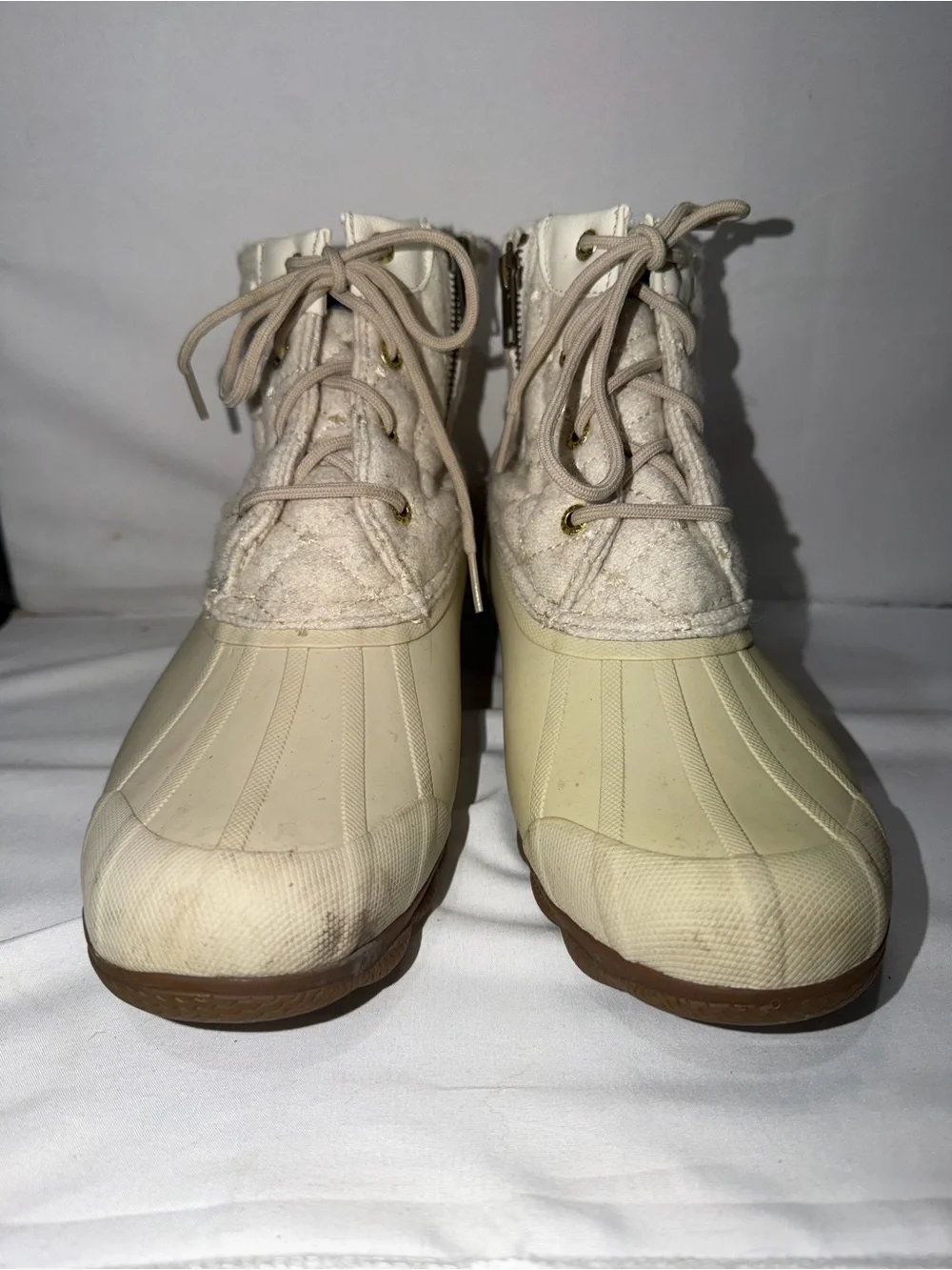 Sperry Boots Syren Gulf Wool Quilted Ivory Tan Zip Up Winter Shoes 8 Duck Boot